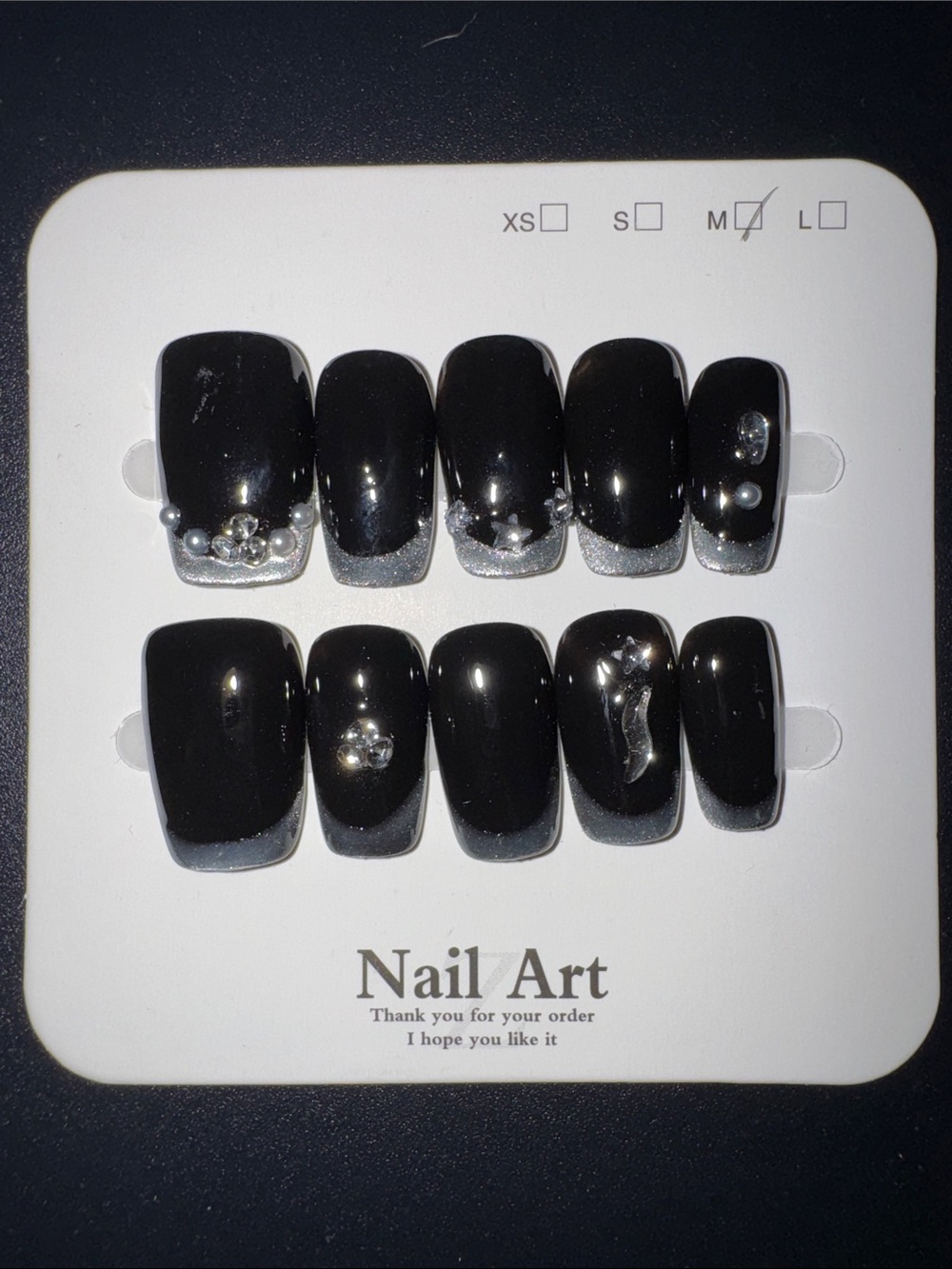 Black Press-On Nails with Silver Glitter Tips and Rhinestones
